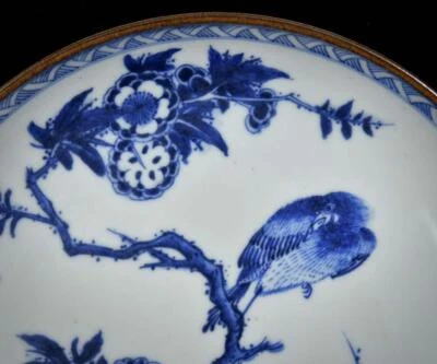 Kangxi Signed Old Chinese Blue and White Dish W/bird N3633