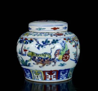 Pair Tian Signed Old Chinese Doucai Lid Pot W/figure N3148