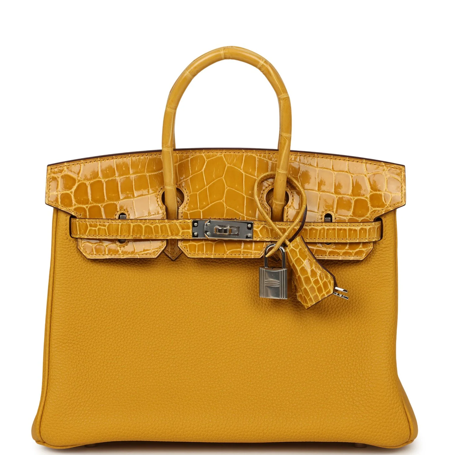 HERMÈS Birkin 25 Jaune Ambre Togo, Shiny Porosus Crocodile Touch Palladium Hardware