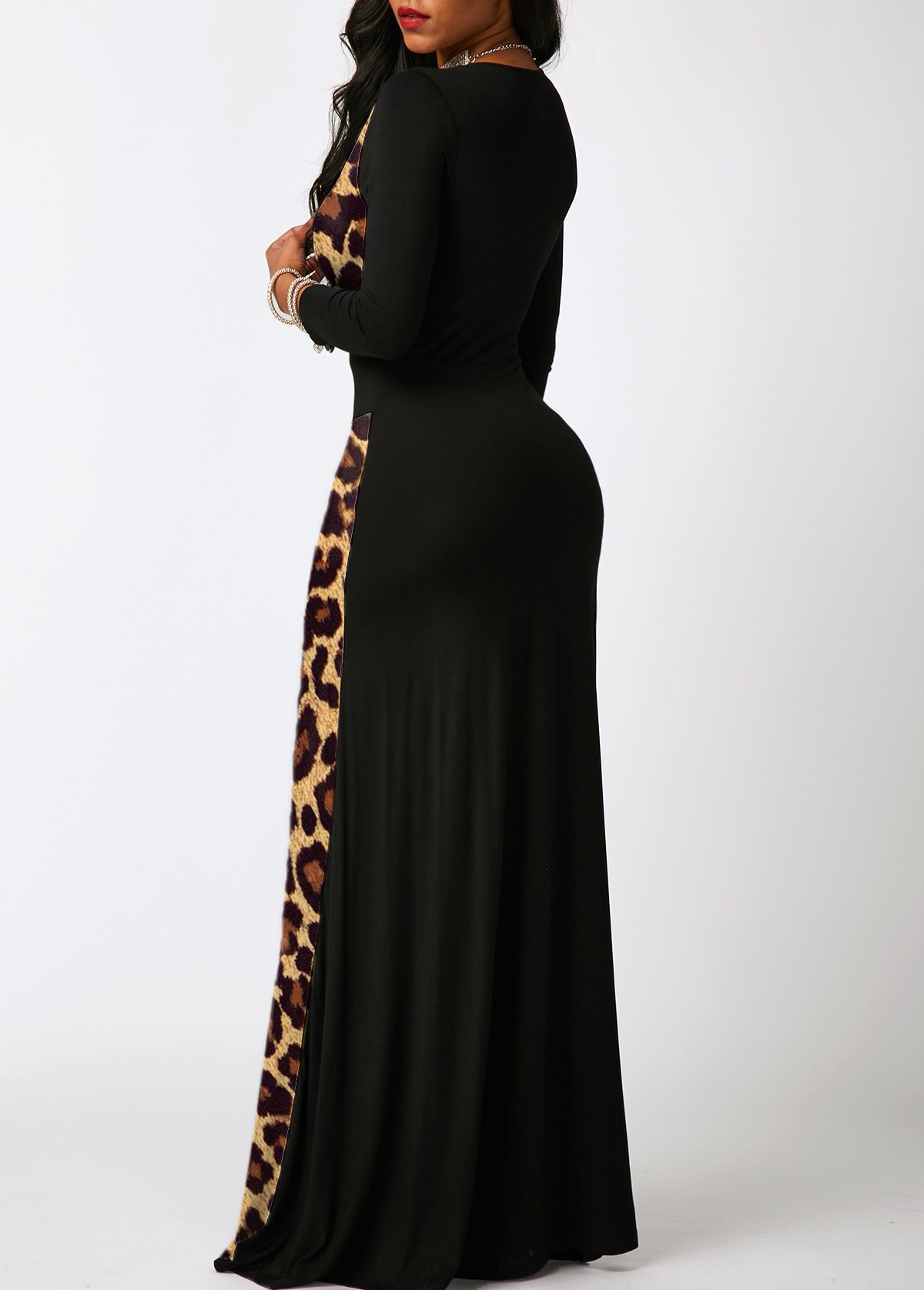 Contrast 3/4 Sleeve Leopard Maxi Dress