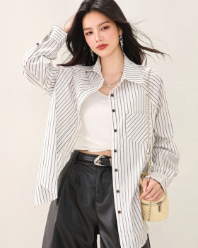 Autumn white stripe shirt loose Casual tops