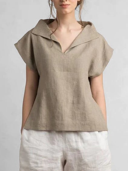 Cotton-Linen V-neck daily classic T-Shirt