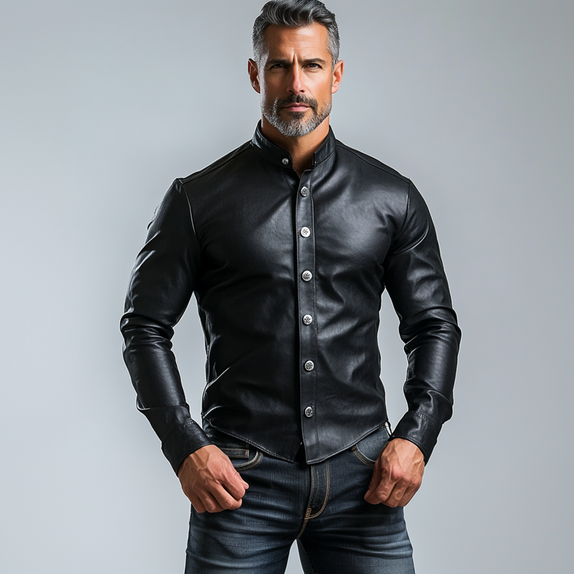 Men's Stand Collar Single Breasted PU Leather Long Sleeve Shirt