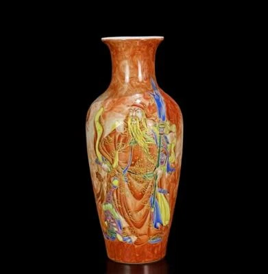 Pair Qianlong Signed Old Chinese Colour Enamel Gilding Vase W/Guangong N748