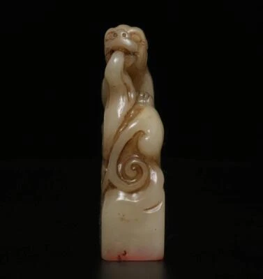 Signed Old Chinese Shoushan Stone Seal Stamp Statue w/kylin 49g