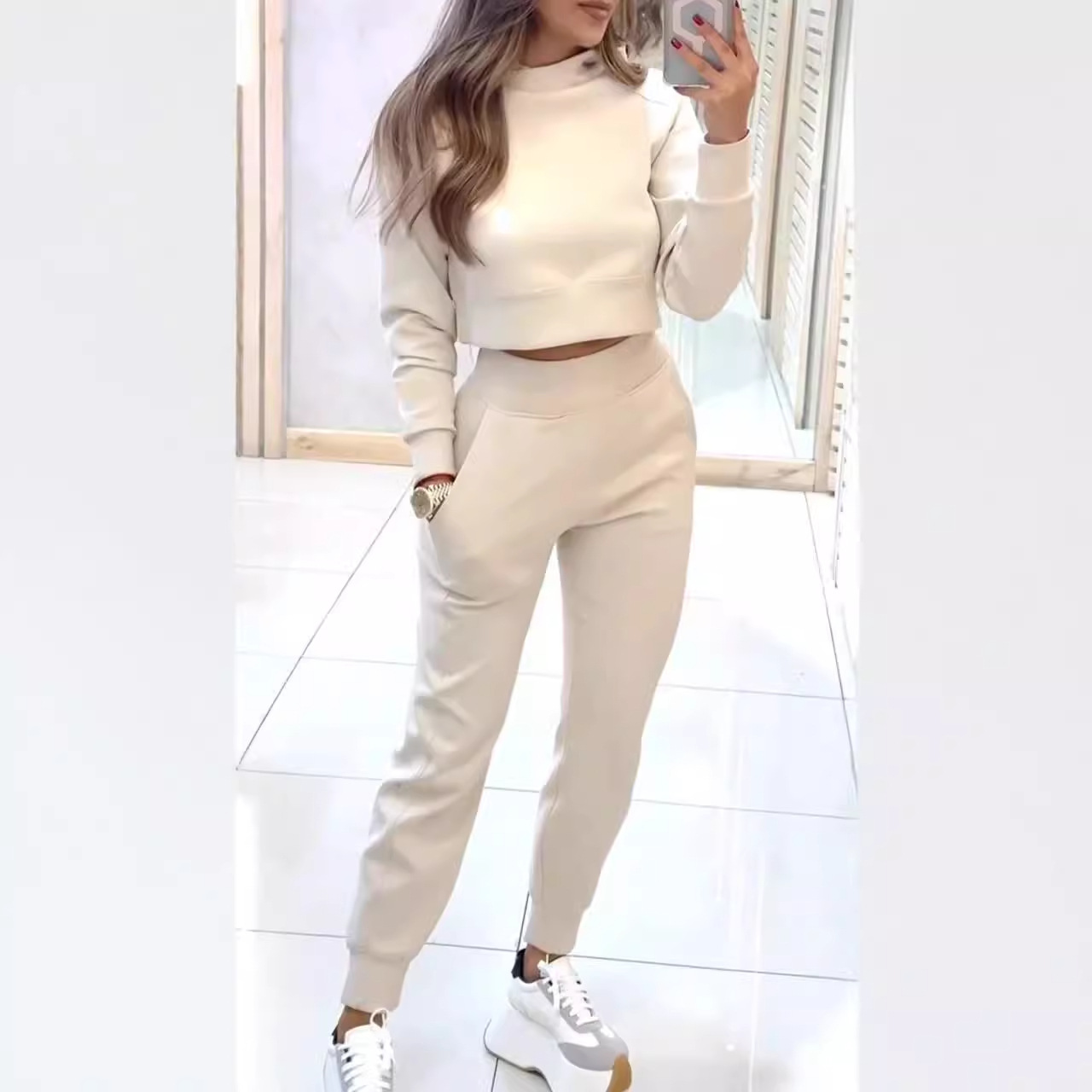 2026cross-border independent station Europe and the United States foreign trade new_autumn and winter ladies high collar slim long sleeve leisure suit