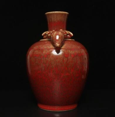 32.5CM Kangxi Signed Chinese Red Glaze Yaobian Glaze Vase w/deer