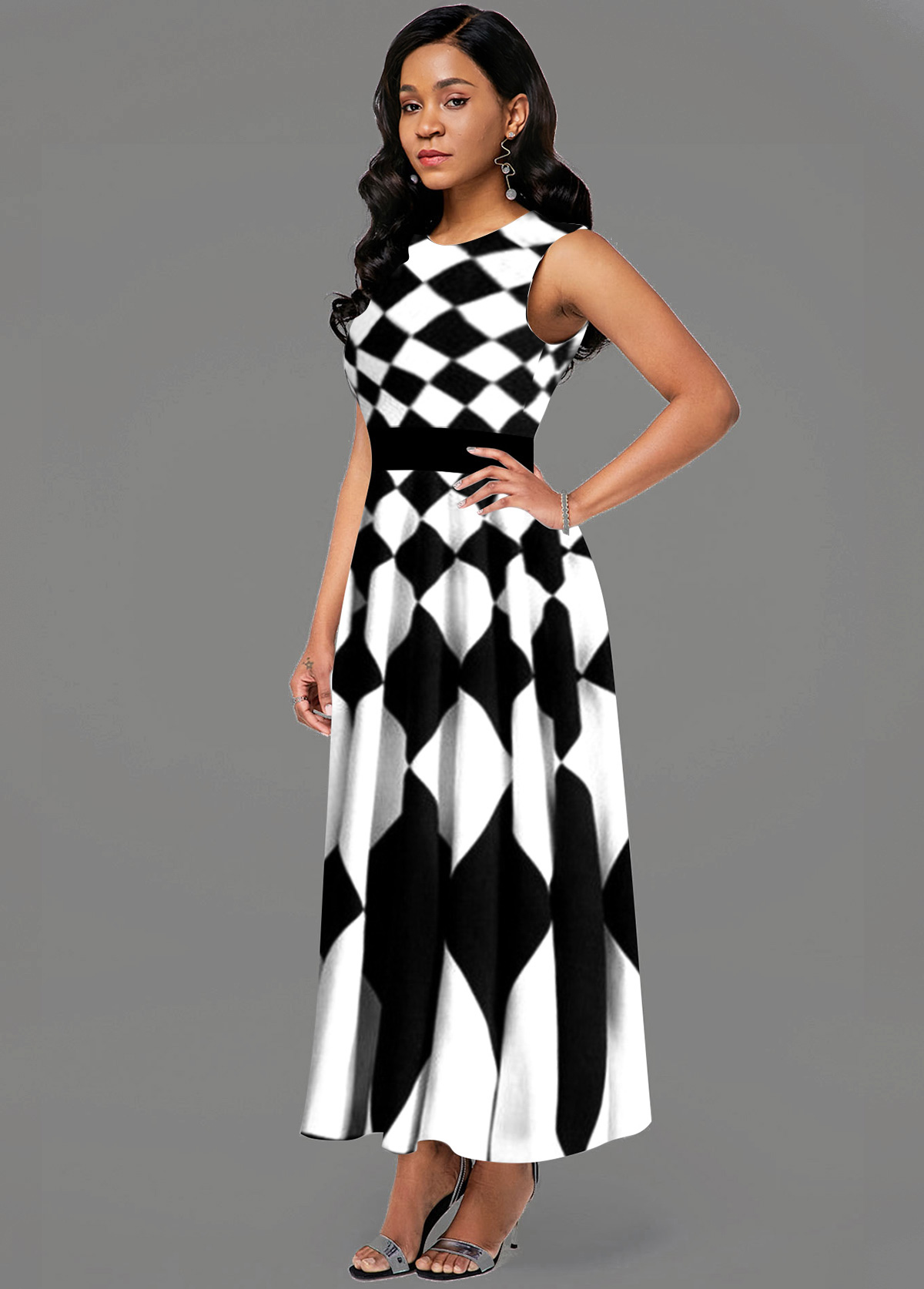 Sleeveless Geometric Print Side Poclket Maxi Dress