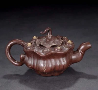 Jiang Rong Signed Old Chinese Handmade Yixing Zisha Teapot w/louts N2090