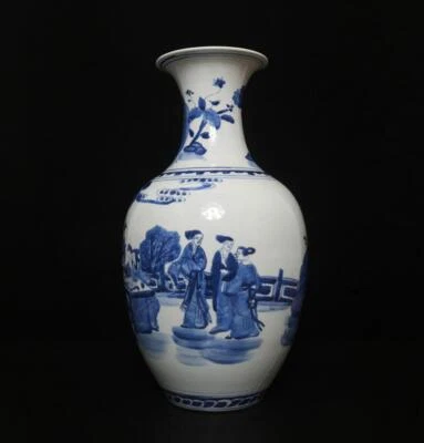 39CM Kangxi Signed Old Chinese Blue & White Porcelain Vase w/figure