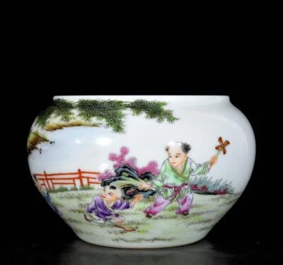 Qianlong Signed Old Chinese Colour Enamel Brush Washer W/kid N3733