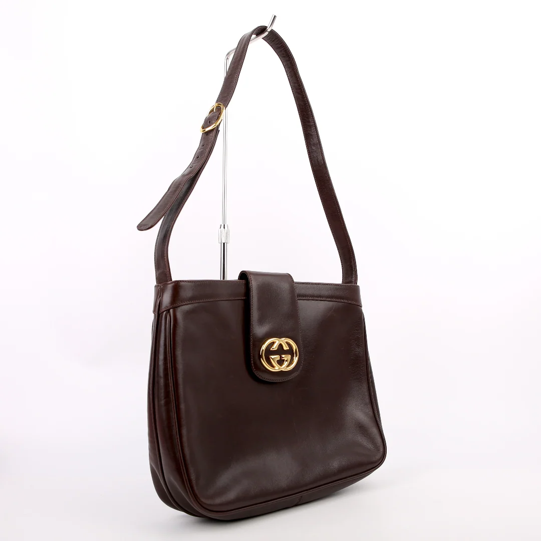 GUCCI Interlocking G Leather Shoulder Bag Brown