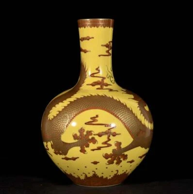 40CM Qianlong Singed Old Chinese Yellow Glaze Gilding Vase W/dragon N3379