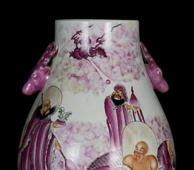 34CM Xianfeng Signed Old Chinese Carmine Glaze Zun Vase W/figure N695