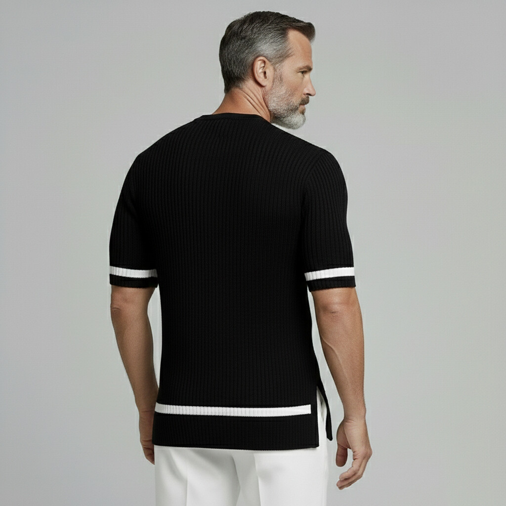 Men's Black Contrast Binding V Neck Half Sleeve Pit Strip Knit Sweaters