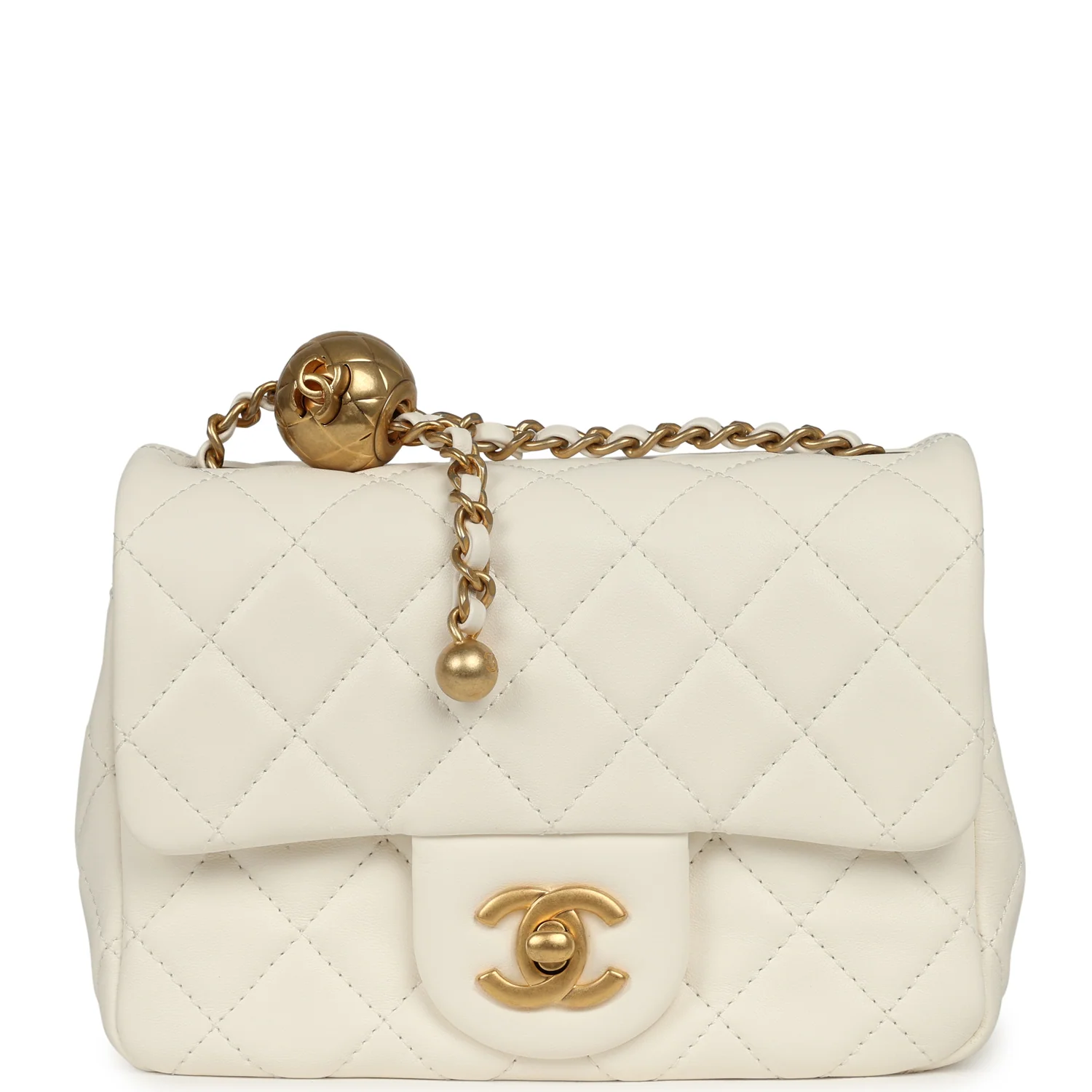 CHANEL Mini Square Pearl Crush Flap Bag White Lambskin Antique Gold Hardware