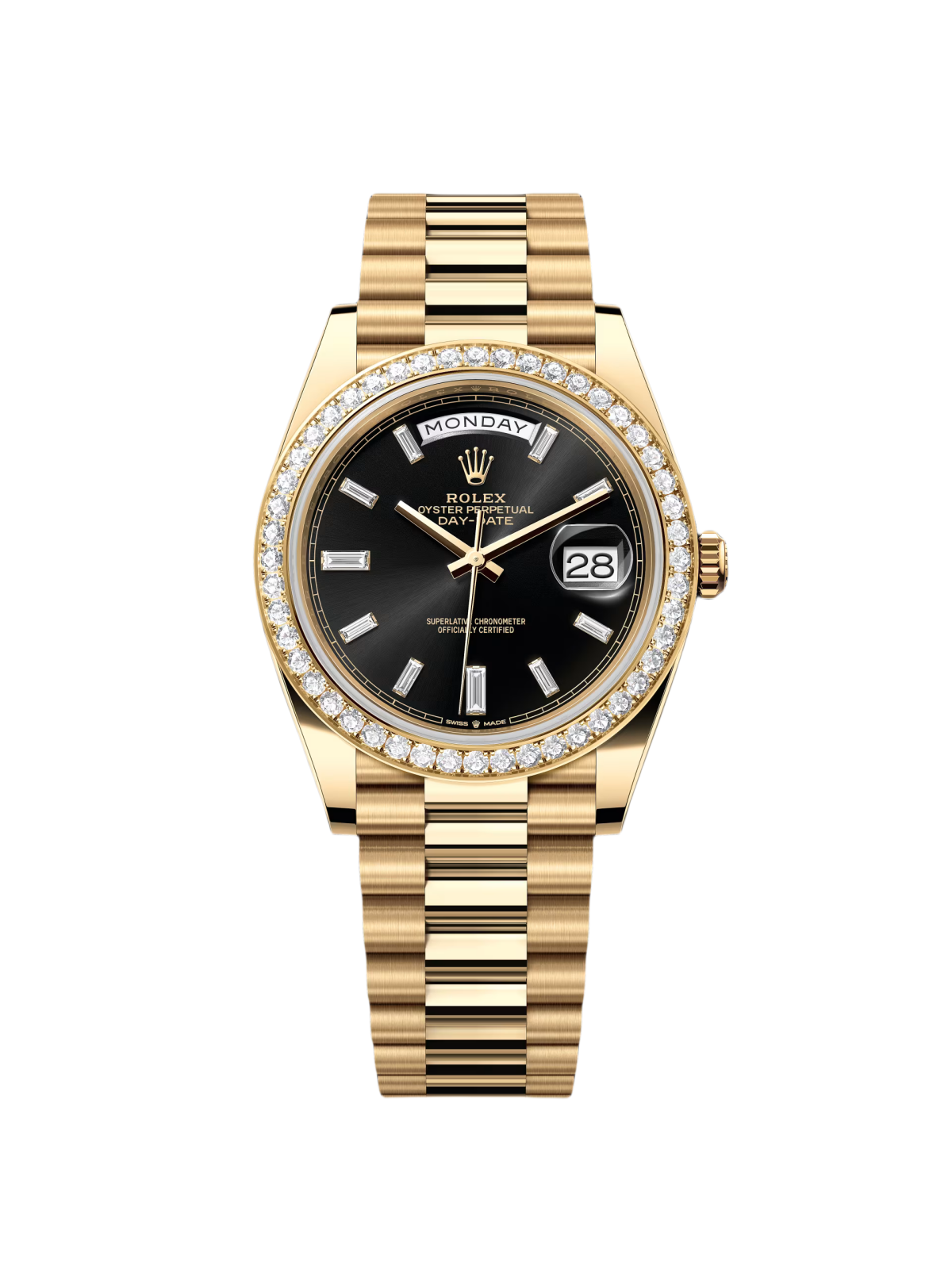 RLX Day-Date 40mm Black Diamond Dial and Diamond Bezel Yellow Gold President Bracelet  228348RBR-0001