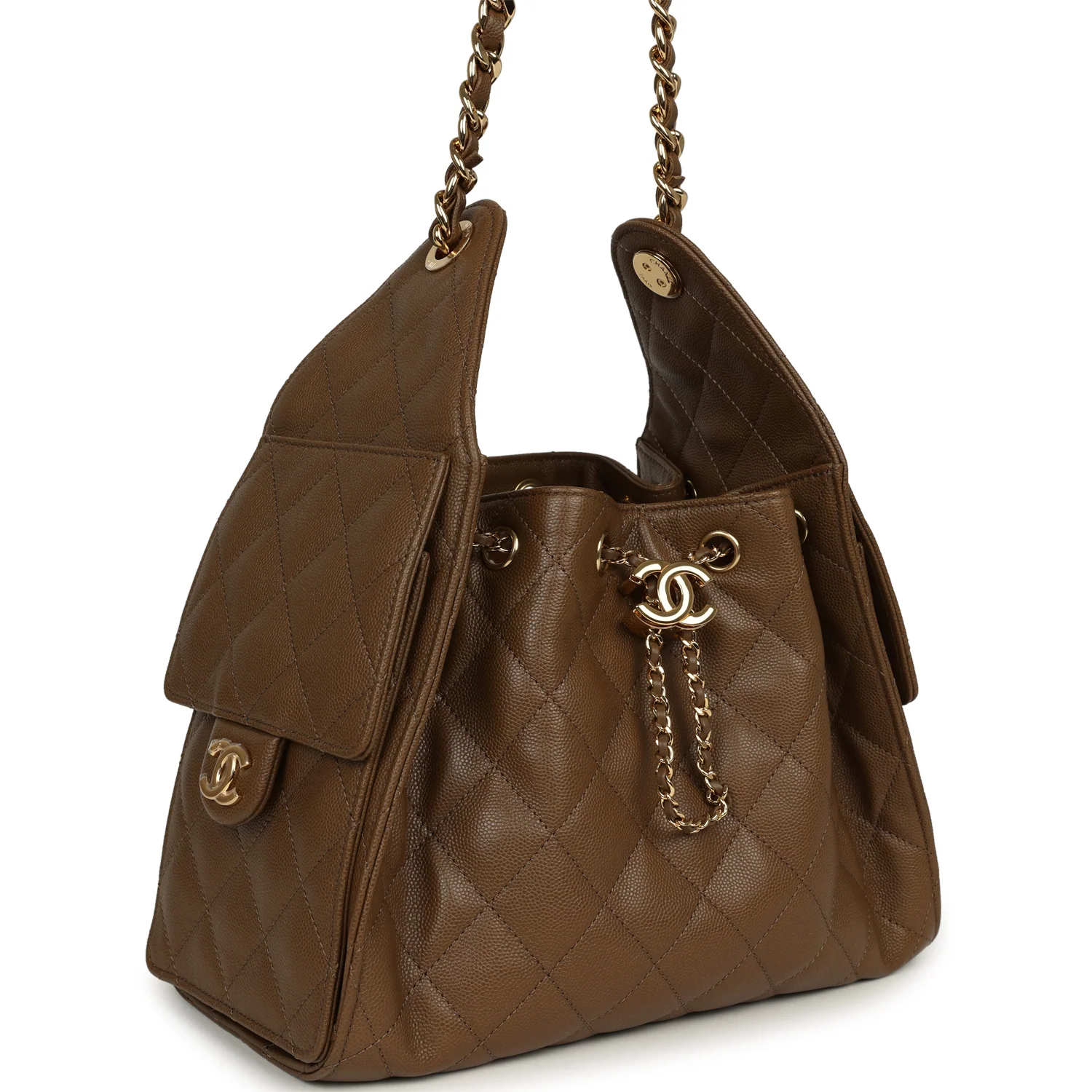 CHANEL Small 25 Hobo Bag Brown Shiny Caviar Gold Hardware