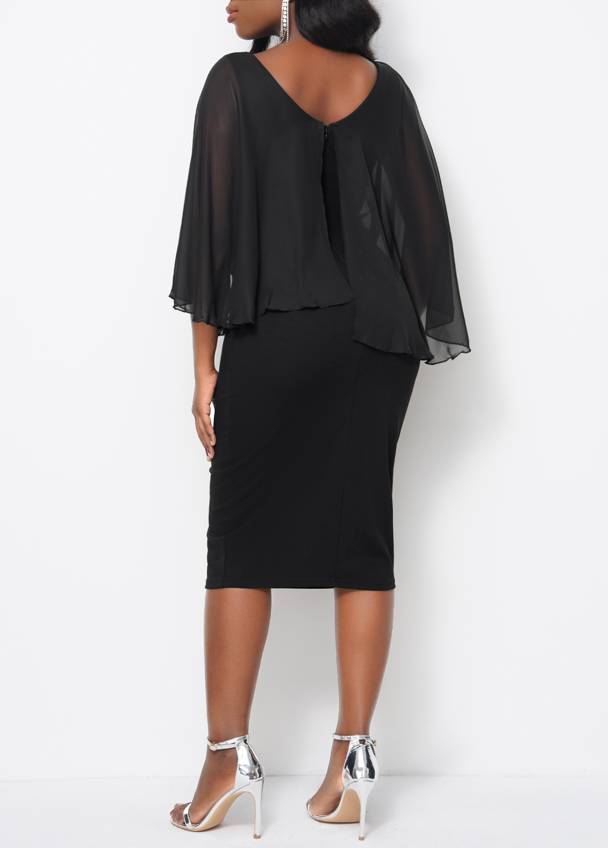 Cape Sleeve Black V Neck Dress