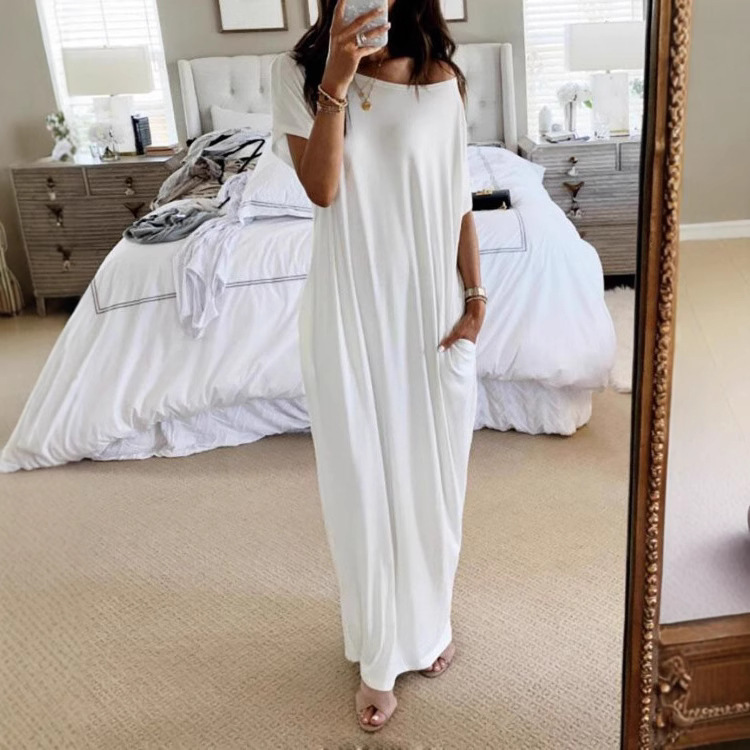 Amazon European and American Foreign Trade Cross-Border Tk Hot-Selling Summer New Women's Solid Color Short-Sleeved Long Casual Dress