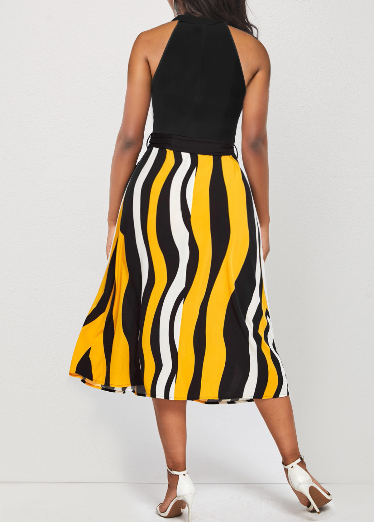 Bib Neck Color Block Striped Belted Dress