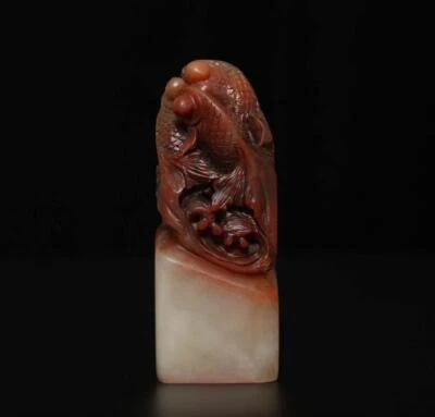 Signed Old Chinese Shoushan Stone Seal Stamp Statue w/fish190g