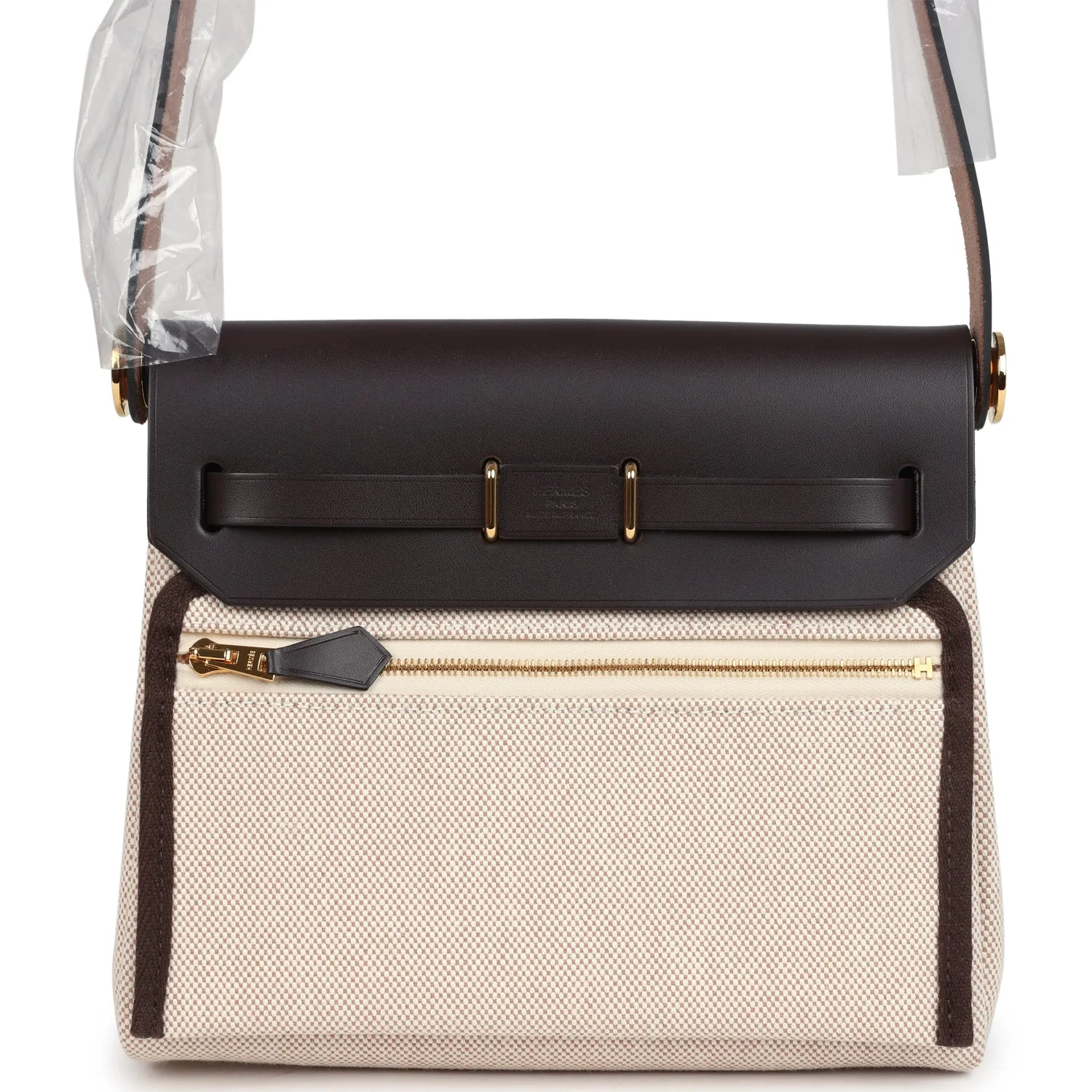 Hermes Herbag Zip 20 Mini Ecru, Beige Toile H Canvas, Ebene Vache Hunter Gold Hardware