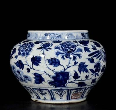 Old Chinese Blue and White Pot Jar W/peacock N3643