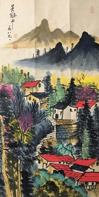 Wu Guanzhong Signed Chinese Hand Painted Calligraphy Scroll w/landscape N4115