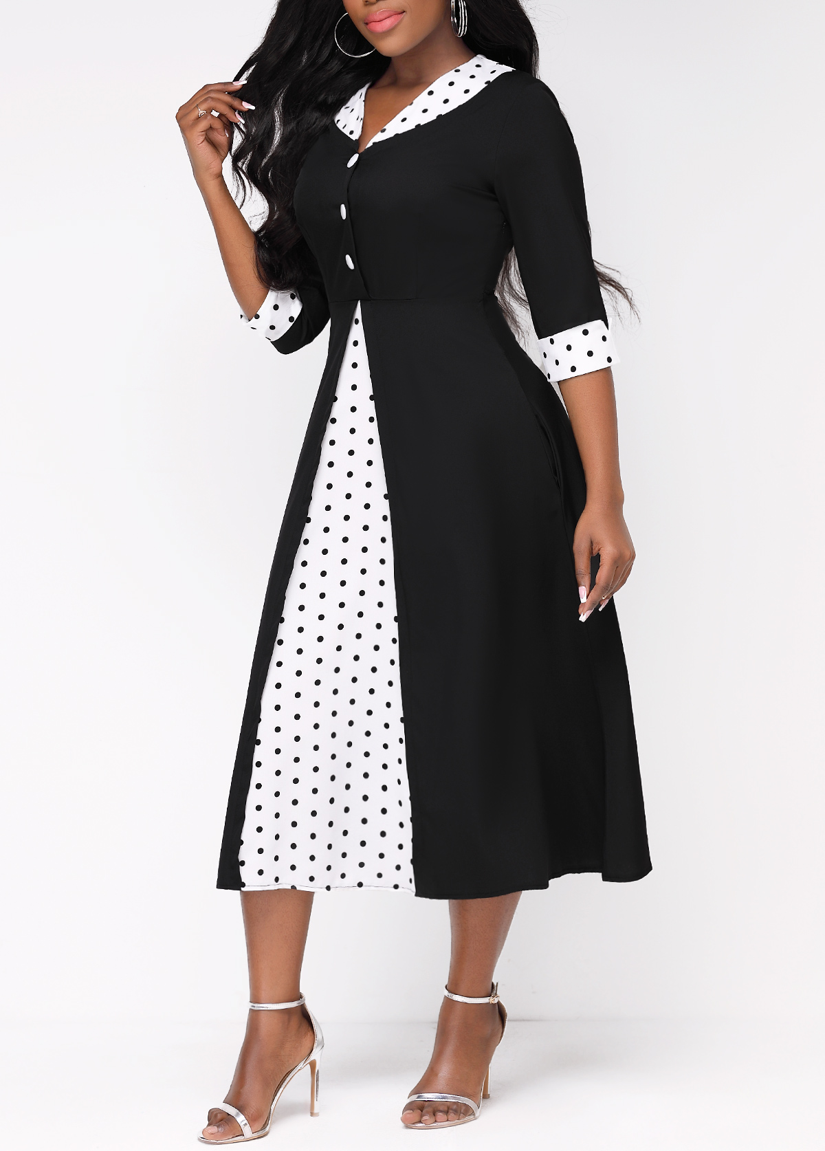Faux Two Piece Polka Dot Black Dress