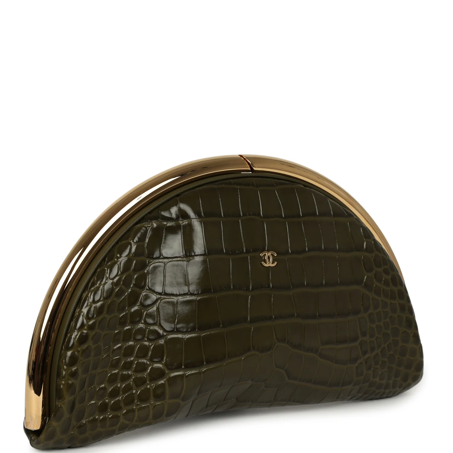 CHANEL Half Moon Clutch Bag Khaki Croc Embossed Calfskin Gold Hardware