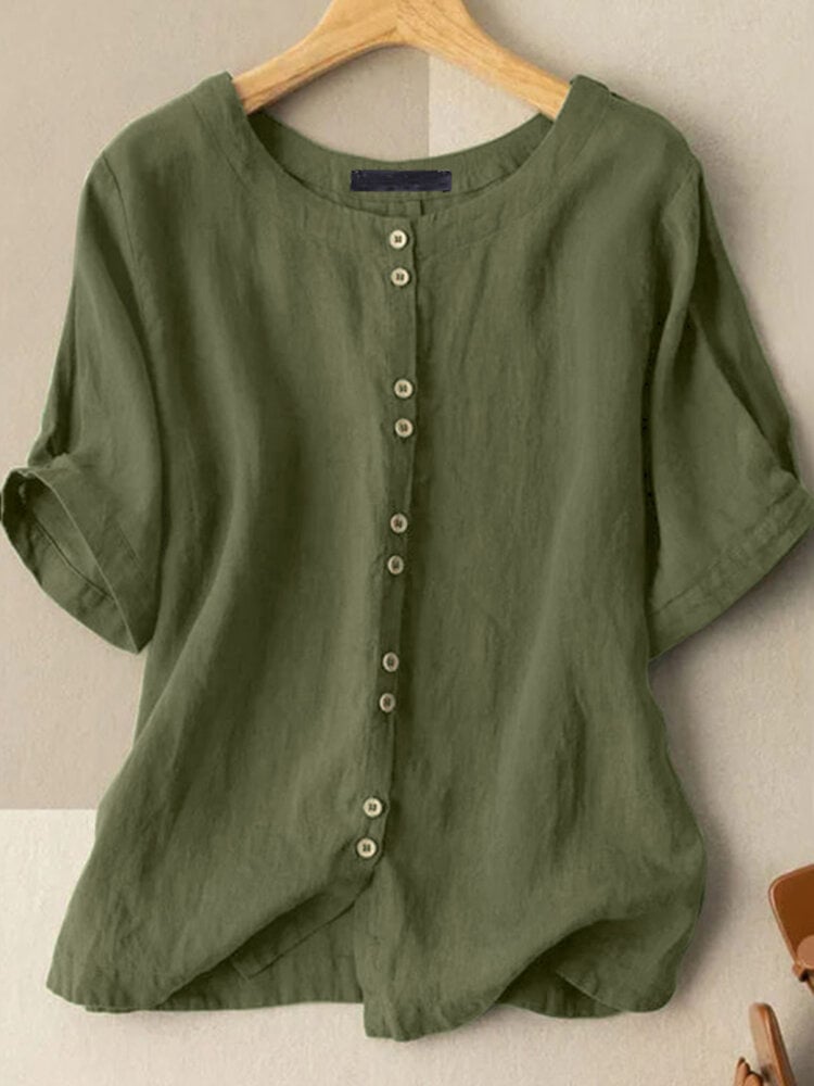 Solid Button Half Sleeve Round Neck Casual Cotton Blouse