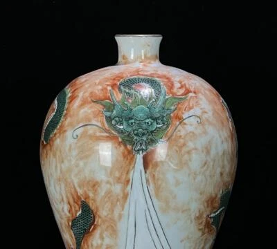 36CM Qianlong Signed Chinese Famille Rose Vase W/dragon N492