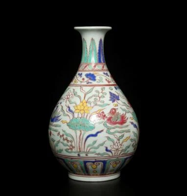 34CM Xuande Old Signed Antique Chinese Five Colors Porcelain Vase w/ fish