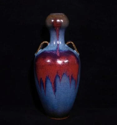 31CM Fenghua Signed Old Chinese Song Jun Kiln Vase w/phoenix N2950