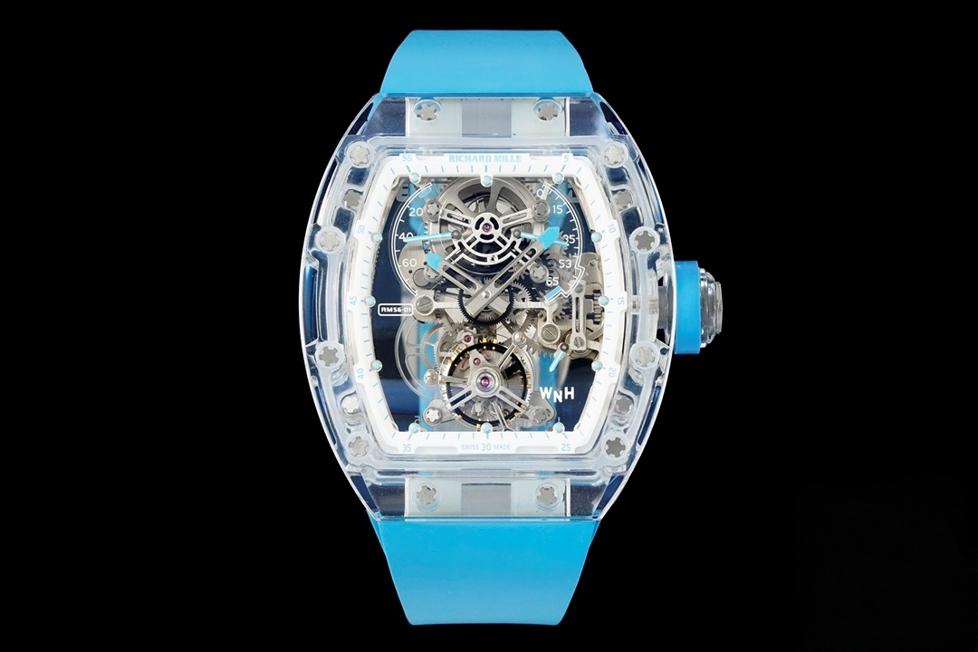 【7A Quality】Best Swiss Replica Richard Mille RM 56-01 Tourbillon Transparent Skeleton Dial Blue Strap
