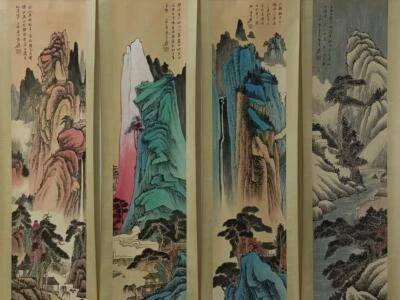 Four Zhang Daqian Chinese Hand Painted Calligraphy Scroll w/landscape N1776