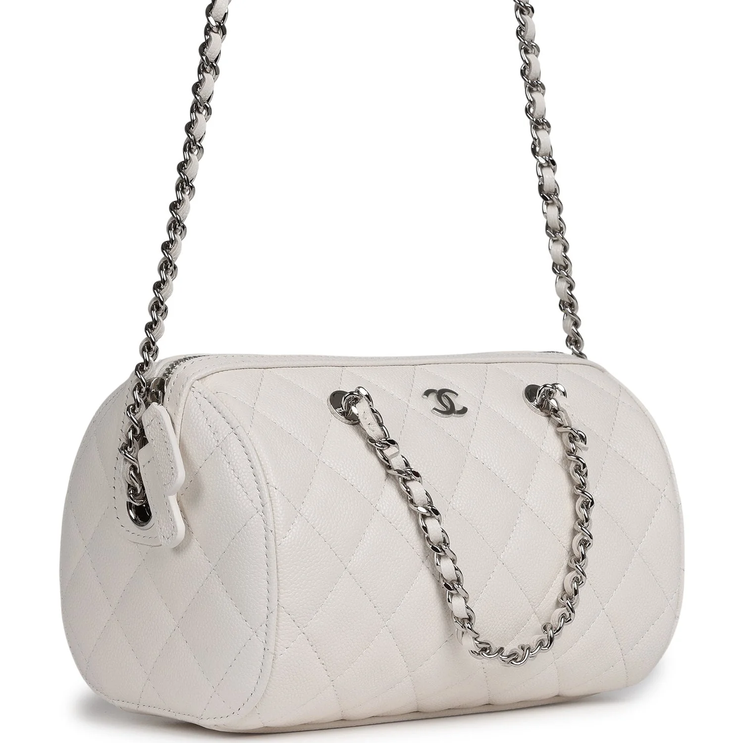 Chanel Mini Timeless Classic Barrel Bag with Chain White Shiny Caviar Silver Hardware