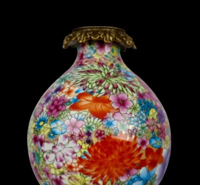 43CM Yongzheng Signed Old Chinese Famille Rose Gourd Vase w/flower N3957