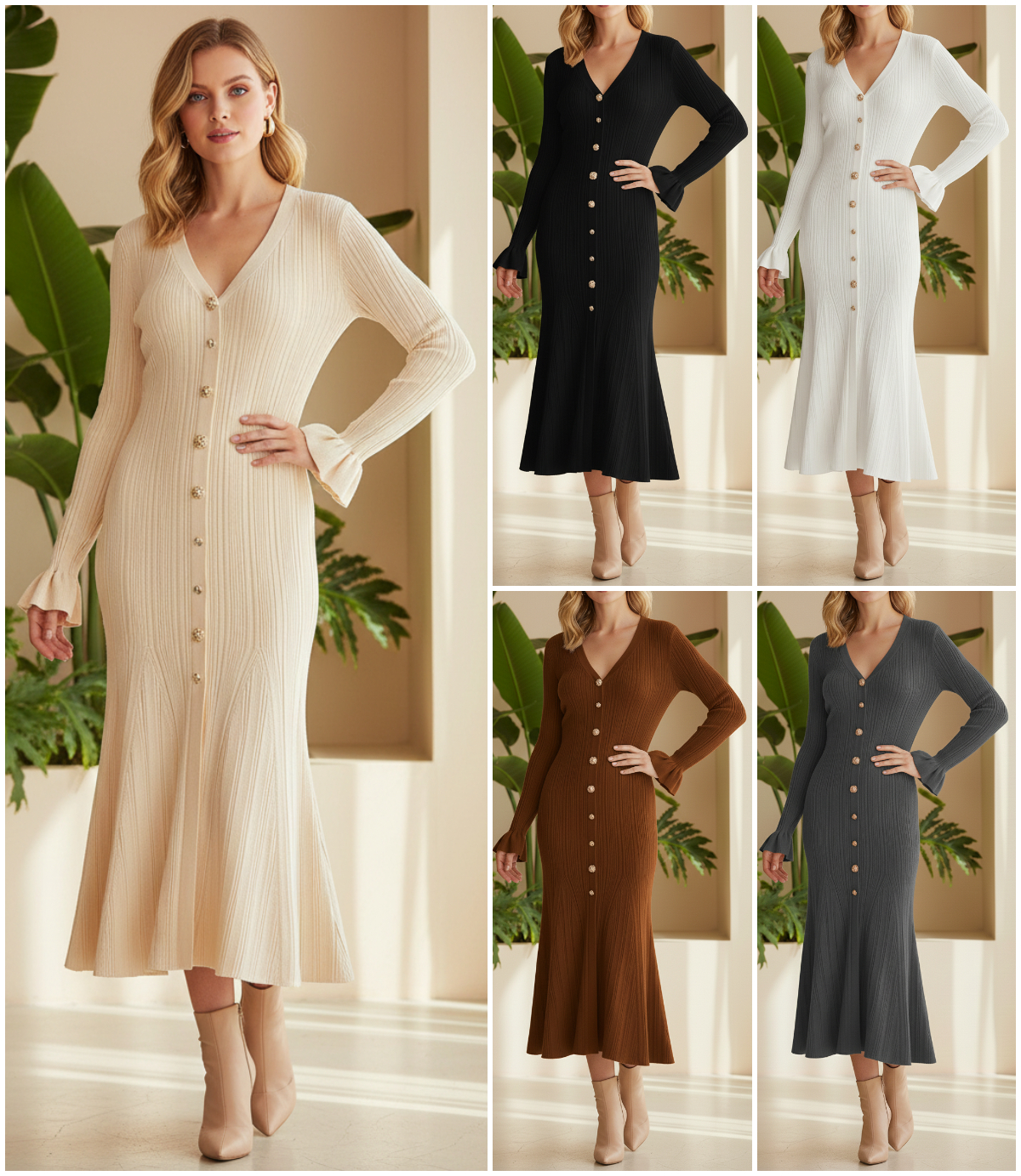 NEW🔥 Casual Solid V-Neck Woolen Dress