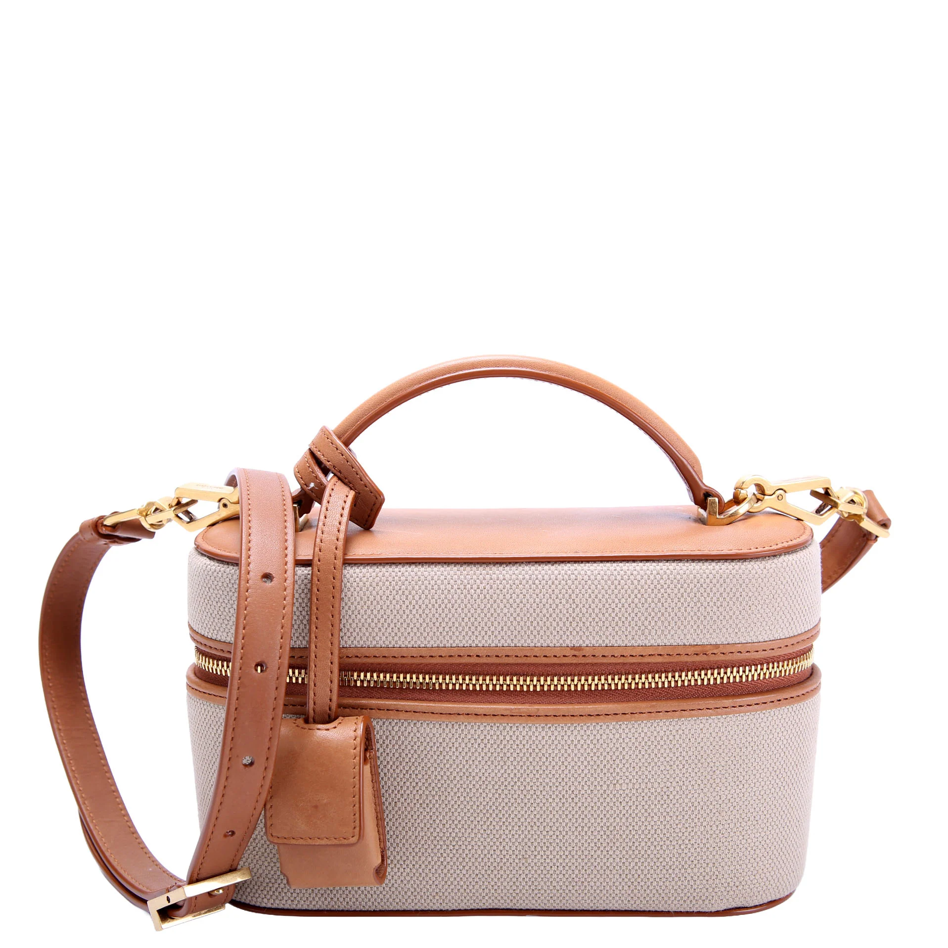 SAINT LAURENT 834213 Gaby Mini Vanity Case Canvas/Calfskin Beige/Brown