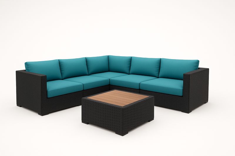 Divano Angolare in Rattan Sintetico Nero con Cuscini Blu e Tavolino Quadrato