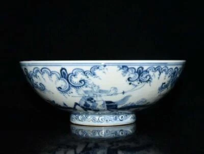 Xuande Signed Old Chinese Blue and White Bowl W/figure N3041