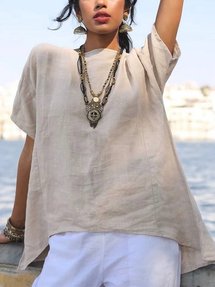 Plain cotton and linen shirt irregular hem short sleeve stitching loose casual round collar top for women