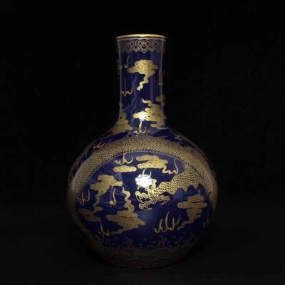 23CM Kangxi Singed Old Chinese Blue Glaze Gilding Vase W/dragon