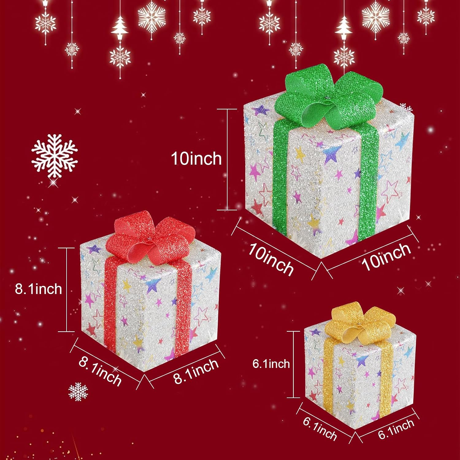 Christmas Lighted Gift Boxes Large, Set of 3 Light Up Gift Boxes for Xmas Tree, Outdoor Lighted Christmas Decorations 48 LED Present Box Xmas Lighted Outdoor Display(Silver Star)