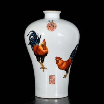 Pair Qianlong Signed Old Chinese Colour Enamel Vase W/cock N3754