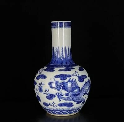 Pair Guangxu Signed Old Chinese Blue and White Vase W/ dragon N607