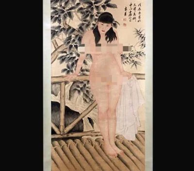 He Jiaying Signed Chinese Hand Painted Calligraphy Scroll w/ lady N2734