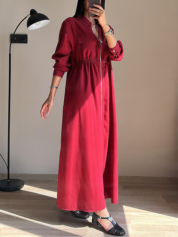🌲🔥 Lapel Zipper Elastic Waist Pocket Dress